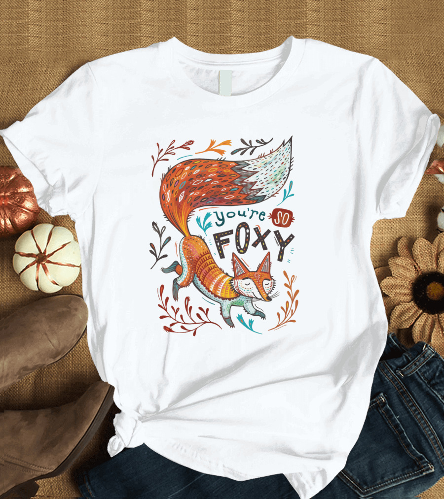 You're So Foxy Fox Design with Colorful Tail and Floral Accents T-Shirt