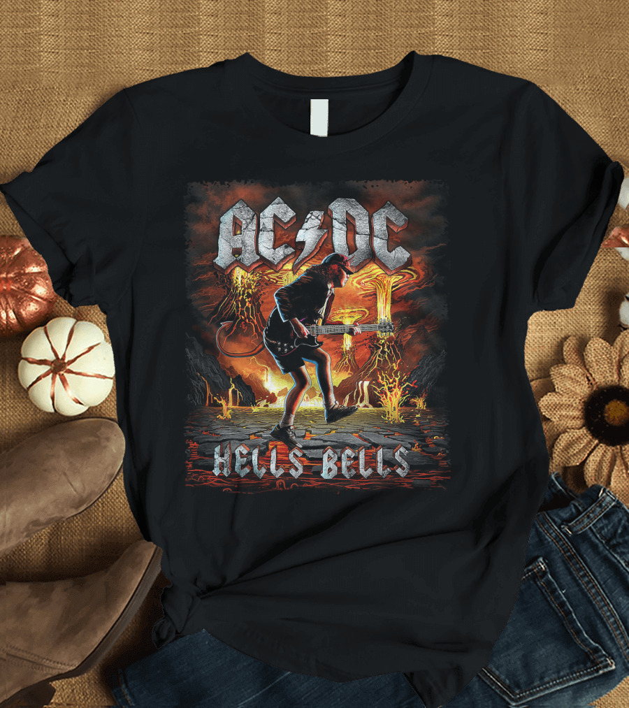AC/DC Hells Bells Guitarist with Volcanic Eruption Background T-Shirt