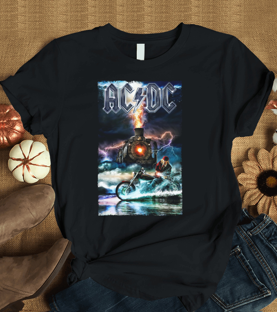 AC/DC Rock and Roll Train with Lightning and Motorbike Scene T-Shirt