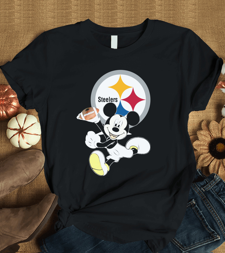 Mickey Mouse with Steelers Logo and Football T-Shirt