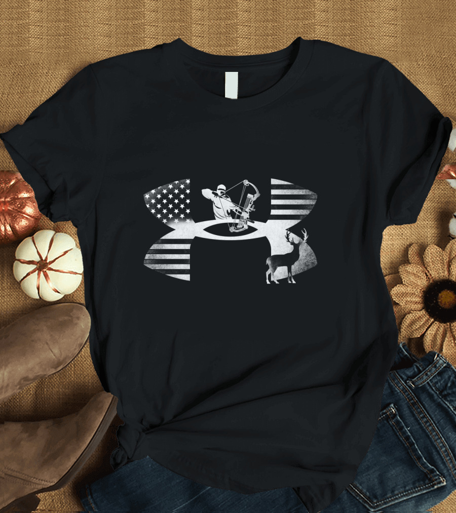 Bowhunting Archer and Deer with American Flag Elements T-Shirt