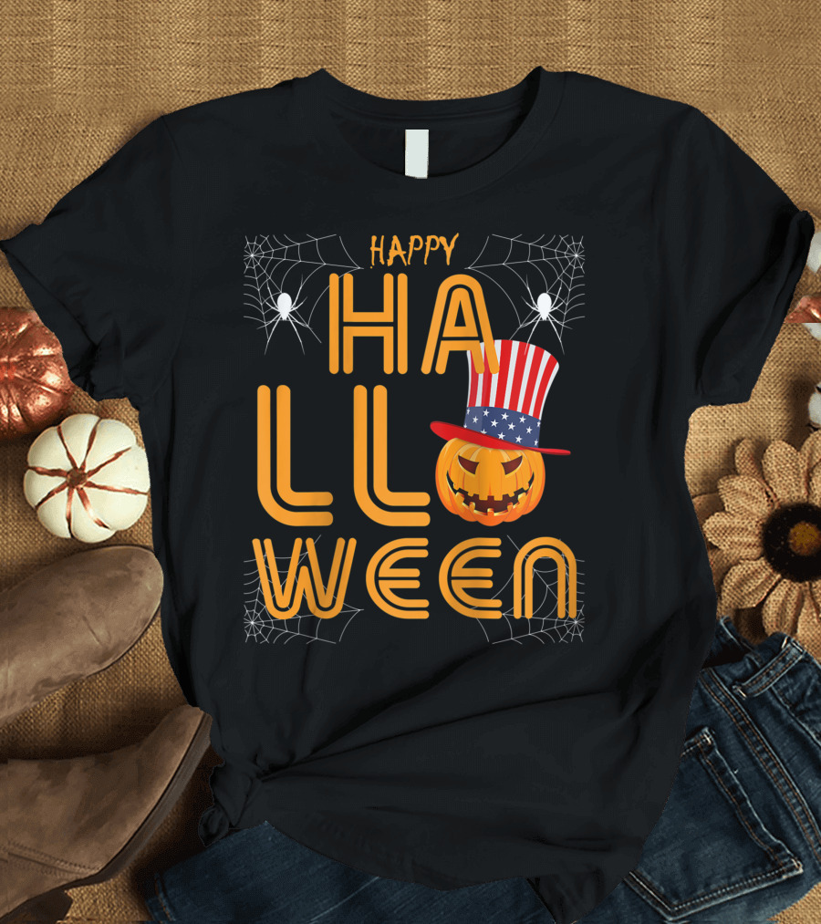 Happy Halloween Funny Orange Pumpkin American Flag Hat with Spider Webs T-Shirt
