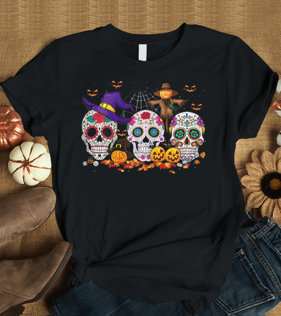 Sugar Skull Funny Halloween Pumpkin Witch Hat Autumn T-Shirt