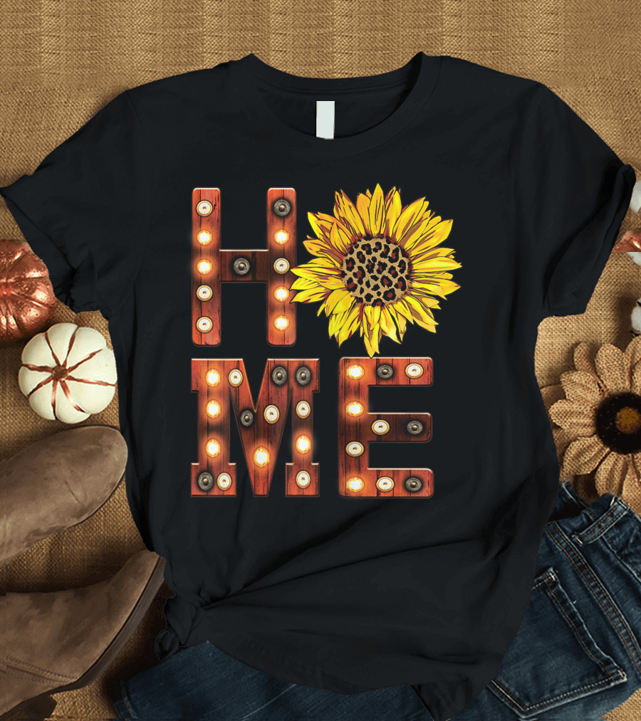 Sunflower Marquee Letters Home Word with Leopard Center Halloween Fall Pumpkins Colorful T-Shirt