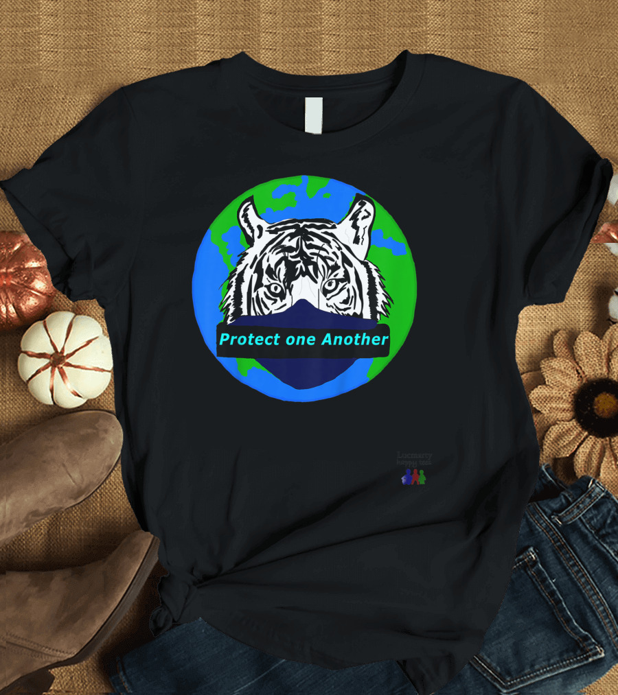 Lucmarty Protect One Another Tiger Wearing Face Mask Over Earth T-Shirt