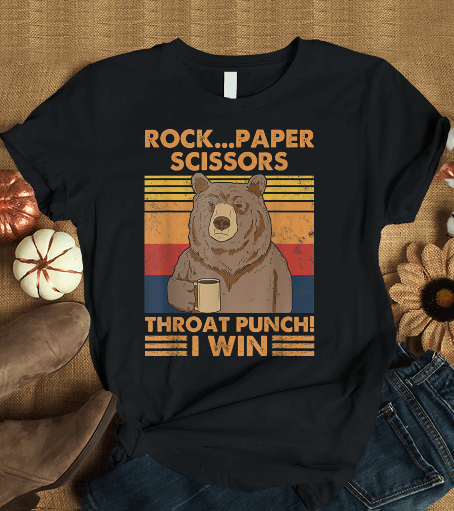 Rock Paper Scissors Throat Punch I Win Funny Bear Vintage Colorful Retro Lines T-Shirt