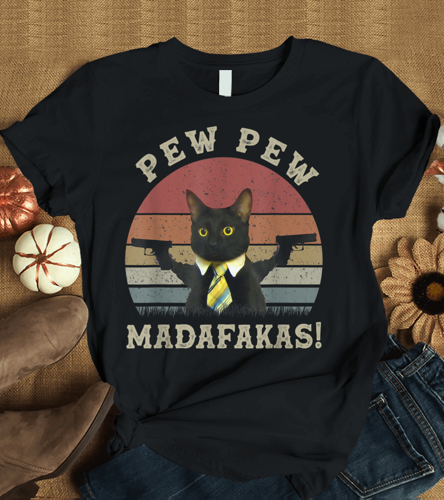 Pew Pew Madafakas Cat with Guns and Tie T-Shirt