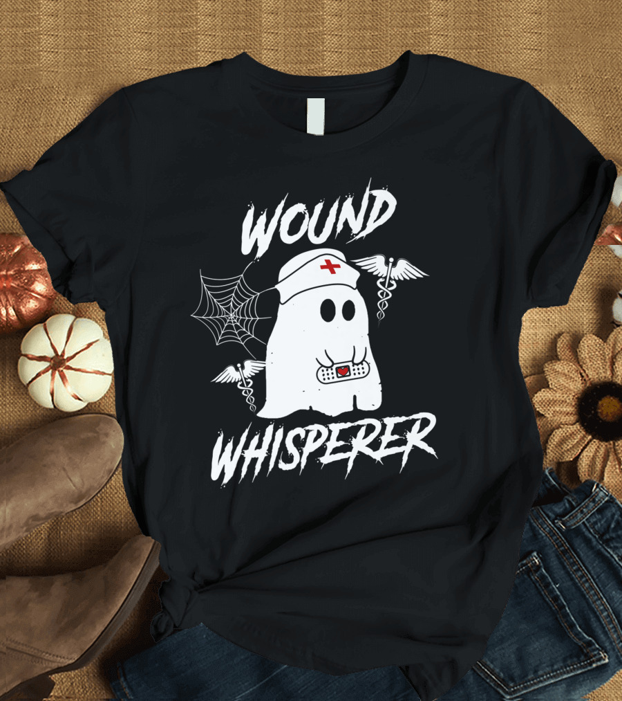 Wound Whisperer Nurse Ghost with Caduceus and Spider Web T-Shirt