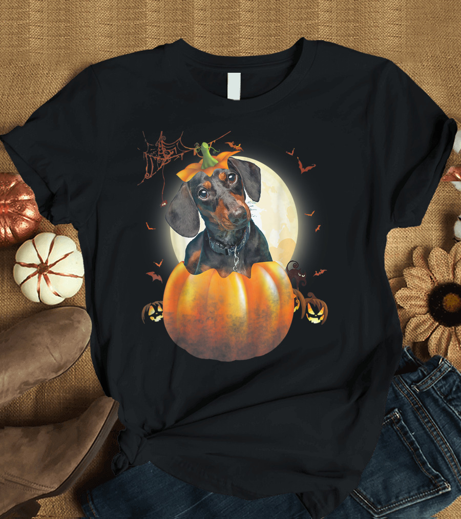 Halloween Funny Dachshund Pumpkin Moon Bats Spiderweb T-Shirt