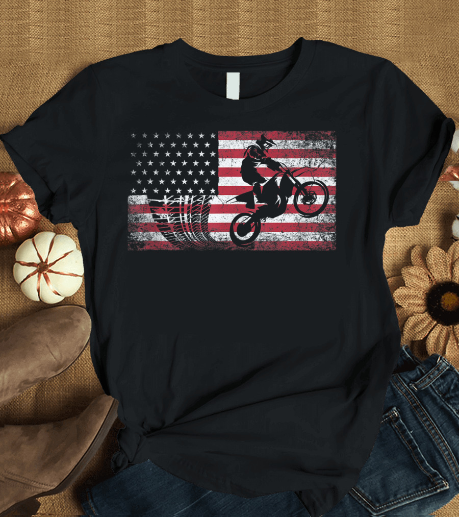 Motocross Dirt Bike Racing Biker on American Flag 4th Of July T-Shirt