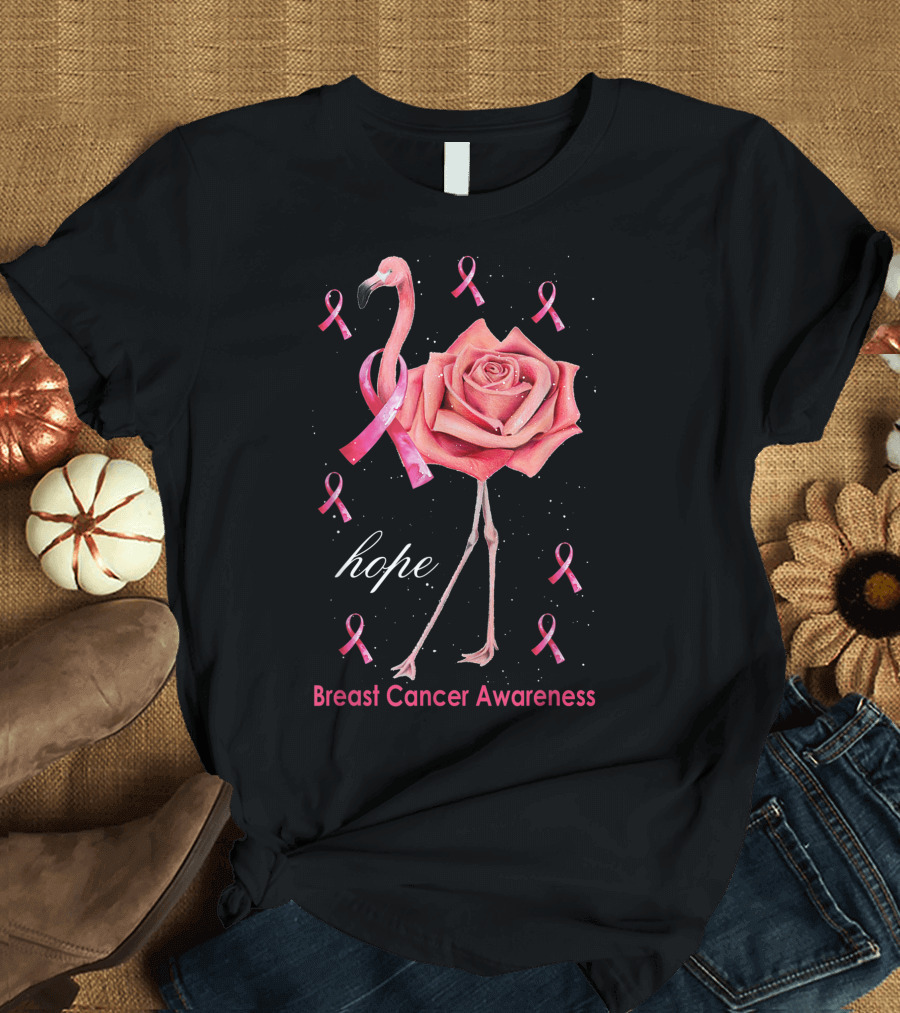 Hope Flamingo Breast Cancer Awareness Pink Ribbon Flower T-Shirt