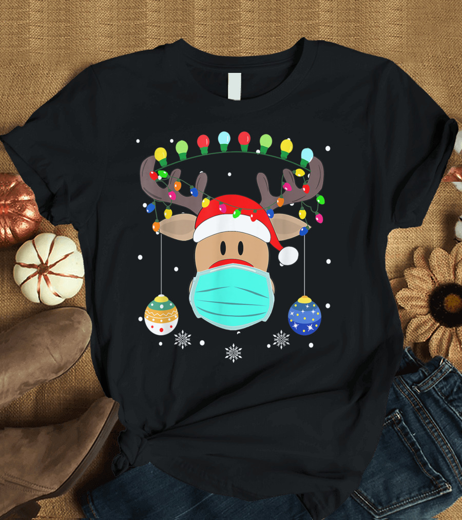 Christmas Mask Cute Rudolph Reindeer Festive Decor with Ornaments and Lights T-Shirt