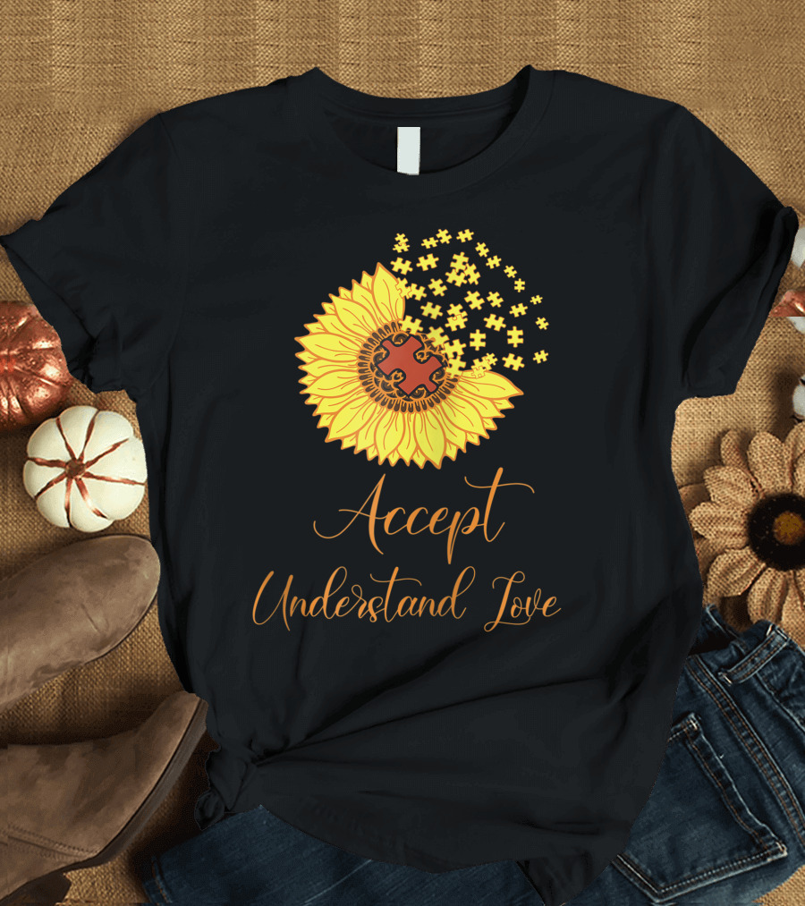 Sunflower Autism Awareness Month Accept Understand Love Puzzle Piece T-Shirt