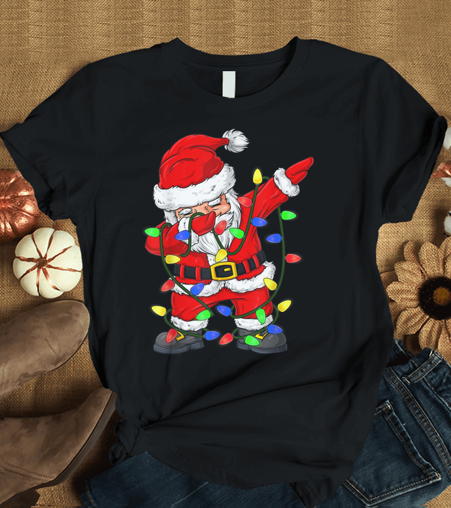 Dabbing Santa Claus Wrapped in Christmas Tree Lights T-Shirt
