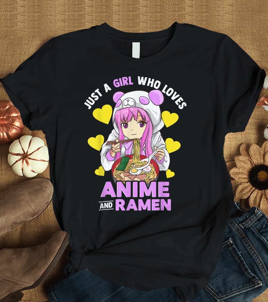 Just A Girl Who Loves Anime and Ramen Panda Hoodie Pink Hair T-Shirt