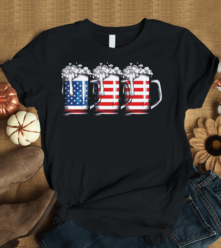 American Flag Beer Mugs 4th of July Independence T-Shirt