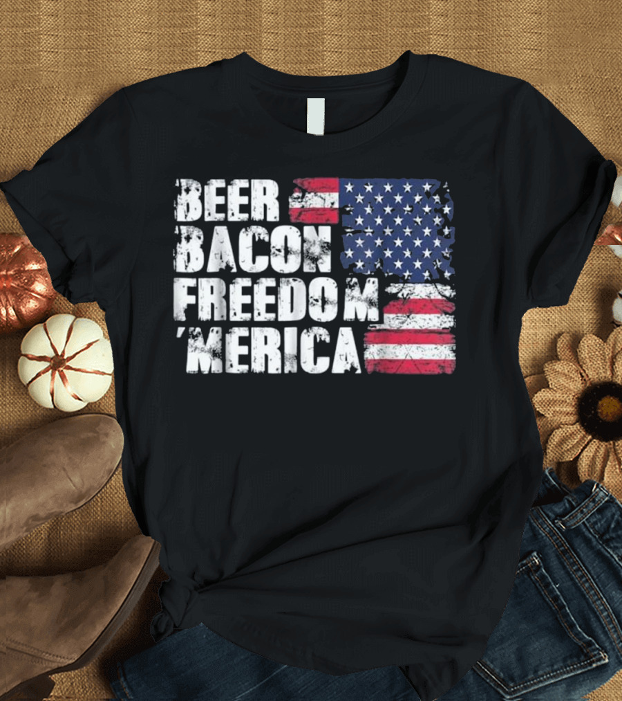 Beer Bacon Freedom Merica American Flag Patriotic T-Shirt