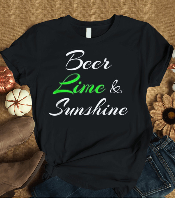 T-Shirt: Beer Lime and Sunshine Script in Black and Green Contrast T-Shirt Beer Lime and Sunshine Script in Black and Green Contrast T-Shirt