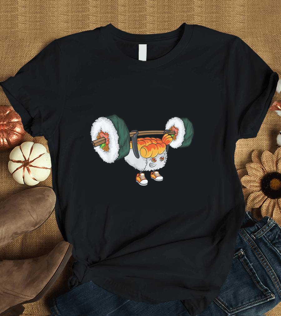 Cute Sushi Weightlifting Cartoon Inspired by Japanese Food Humor T-Shirt