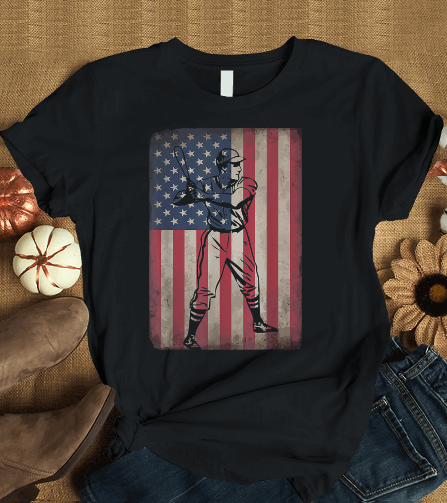 Vintage Baseball Player with American Flag Background USA Patriotic T-Shirt