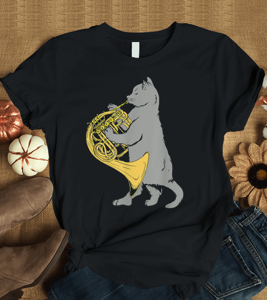 Cat Playing French Horn Cool Musical Cat with Brass Instrument T-Shirt
