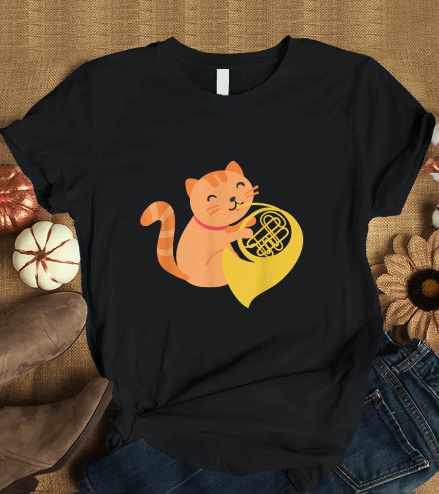 Cat Playing French Horn with Joyful Musical T-Shirt