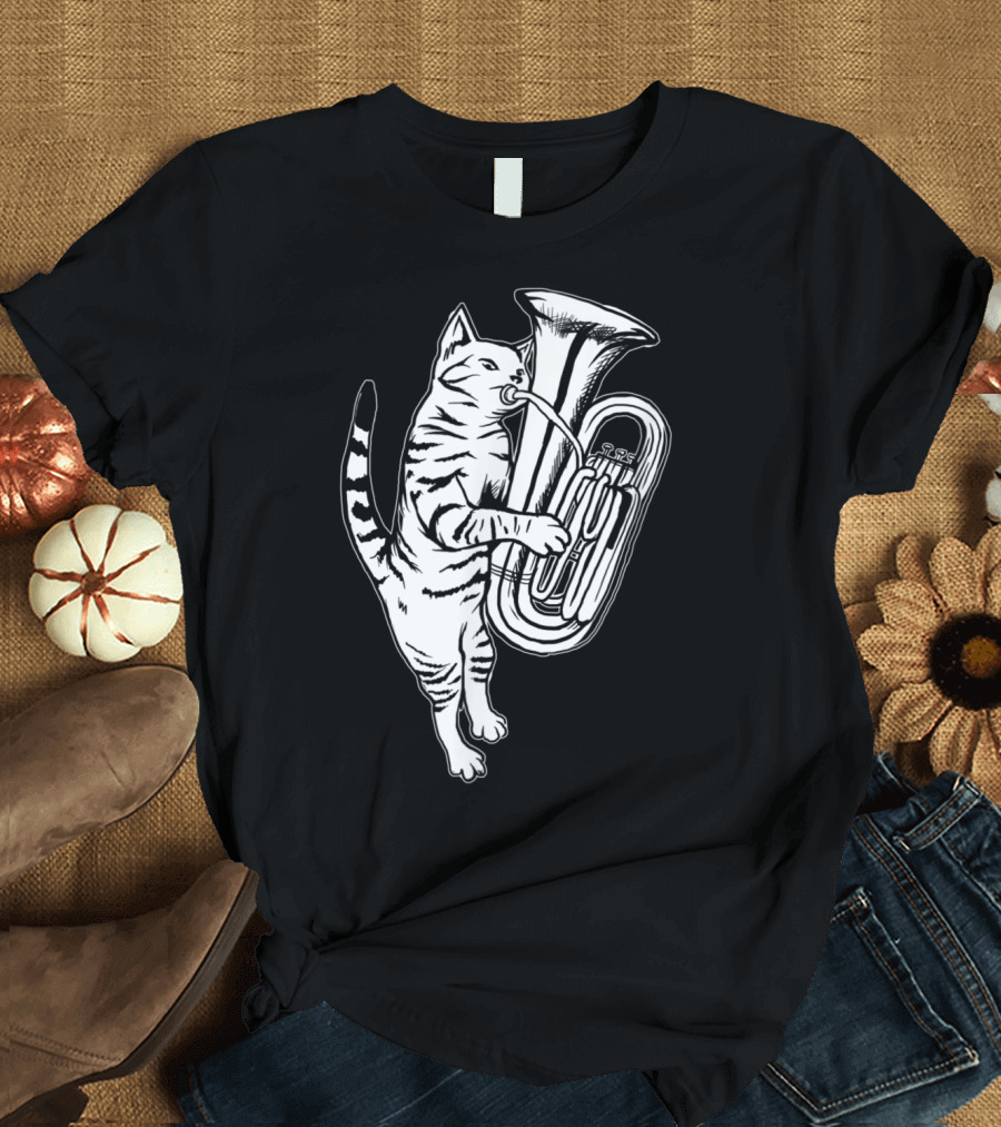 Playful Cat Musician with Tuba Instrument T-Shirt
