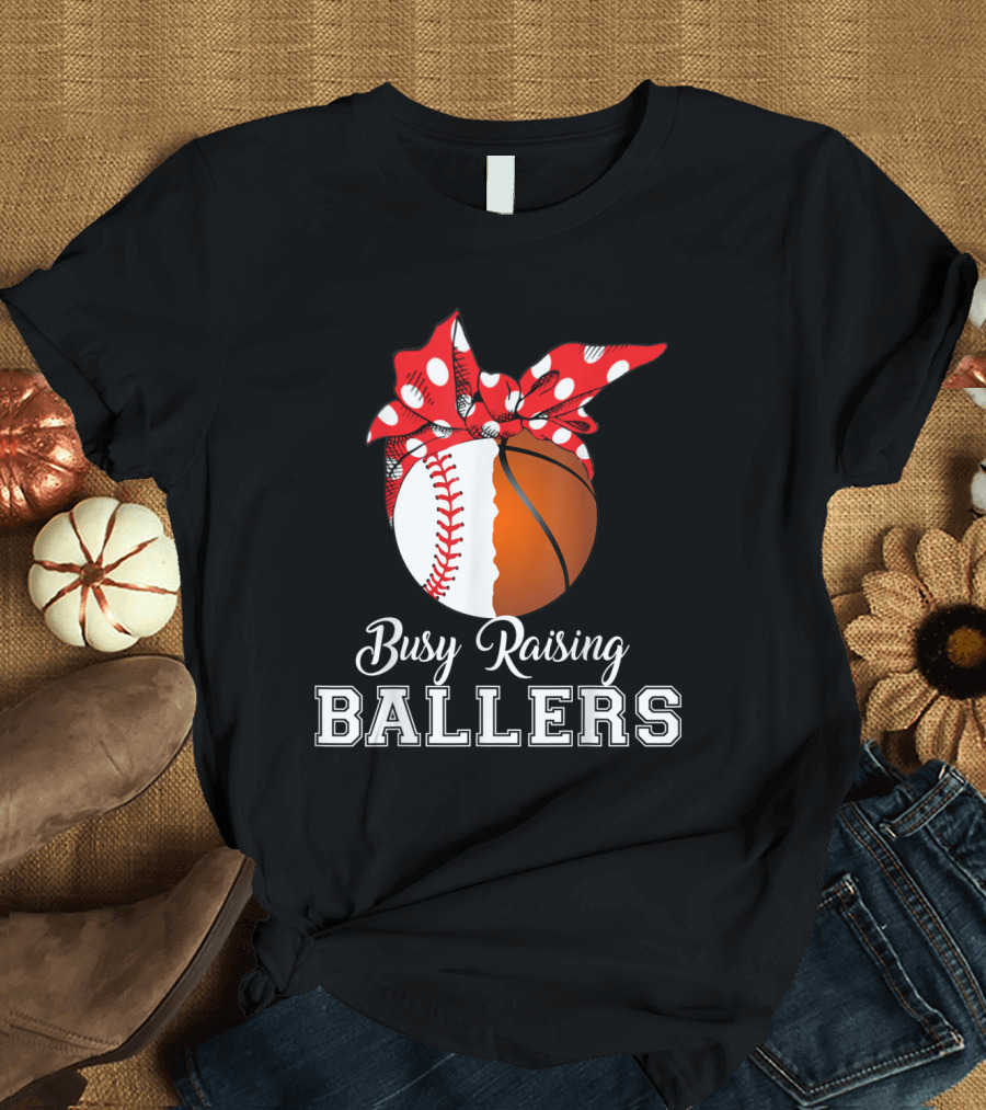 Busy Raising Ballers Baseball Basketball with Polka Dot Bandana T-Shirt