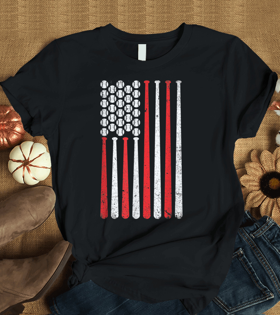 Baseball Bat American Flag with Baseballs Fourth of July USA T-Shirt