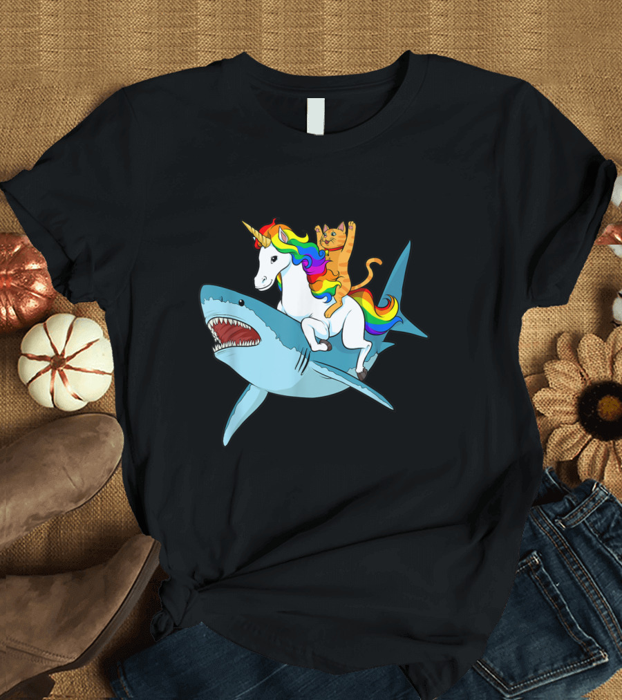 Cat on Unicorn with Rainbow Mane Riding a Shark Fantasy Adventure T-Shirt