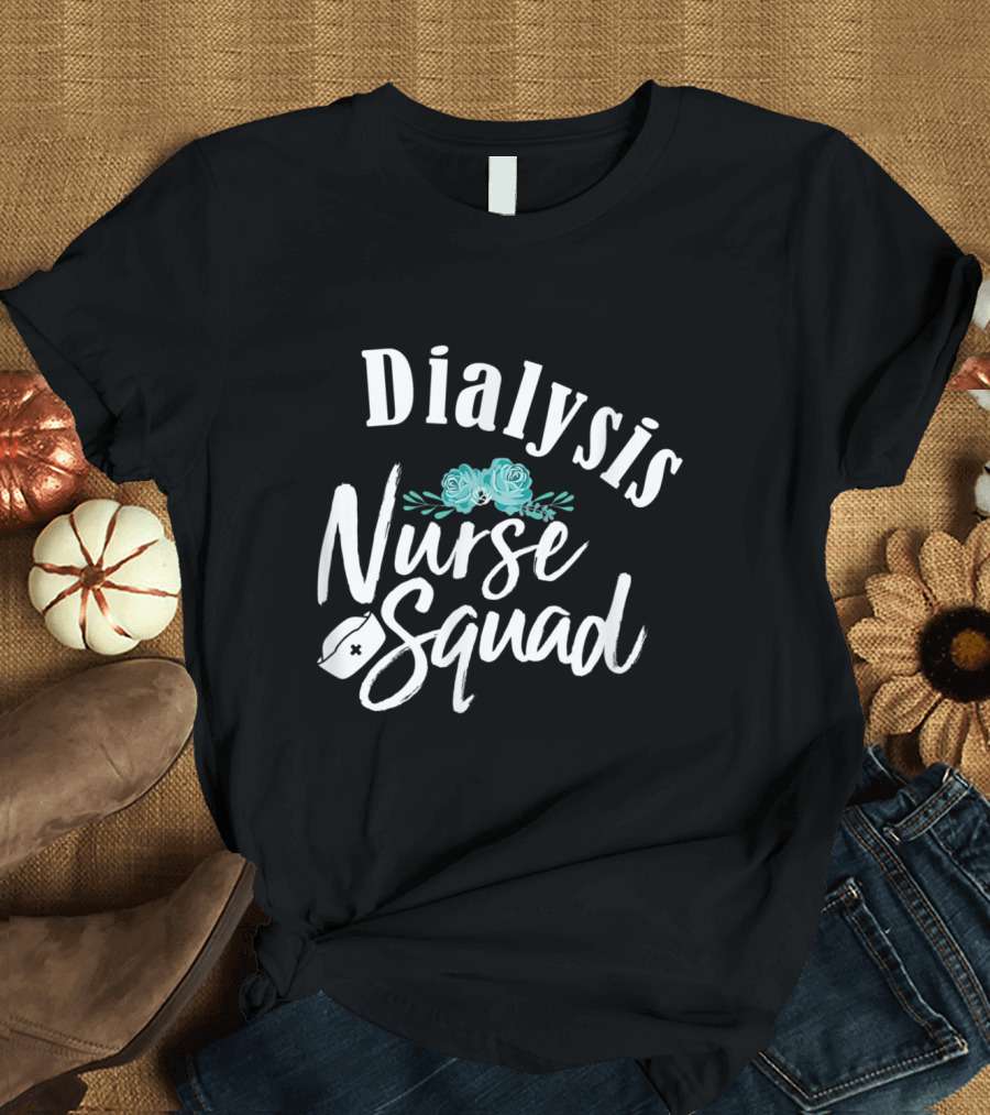 Dialysis Nurse Squad RN Kidney Health Flowers and Nurse Cap Motif T-Shirt