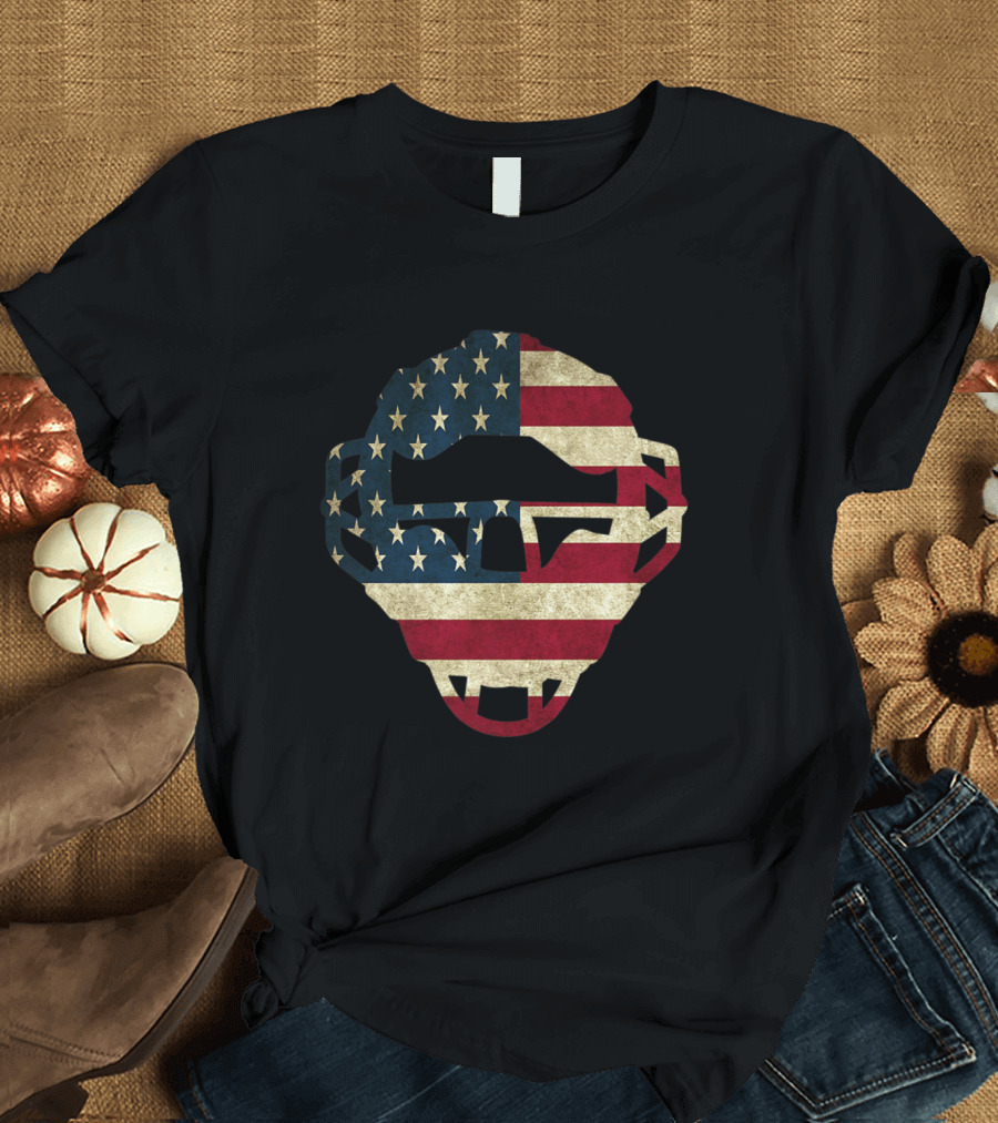 American Flag Baseball Catcher Mask Gear T-Shirt