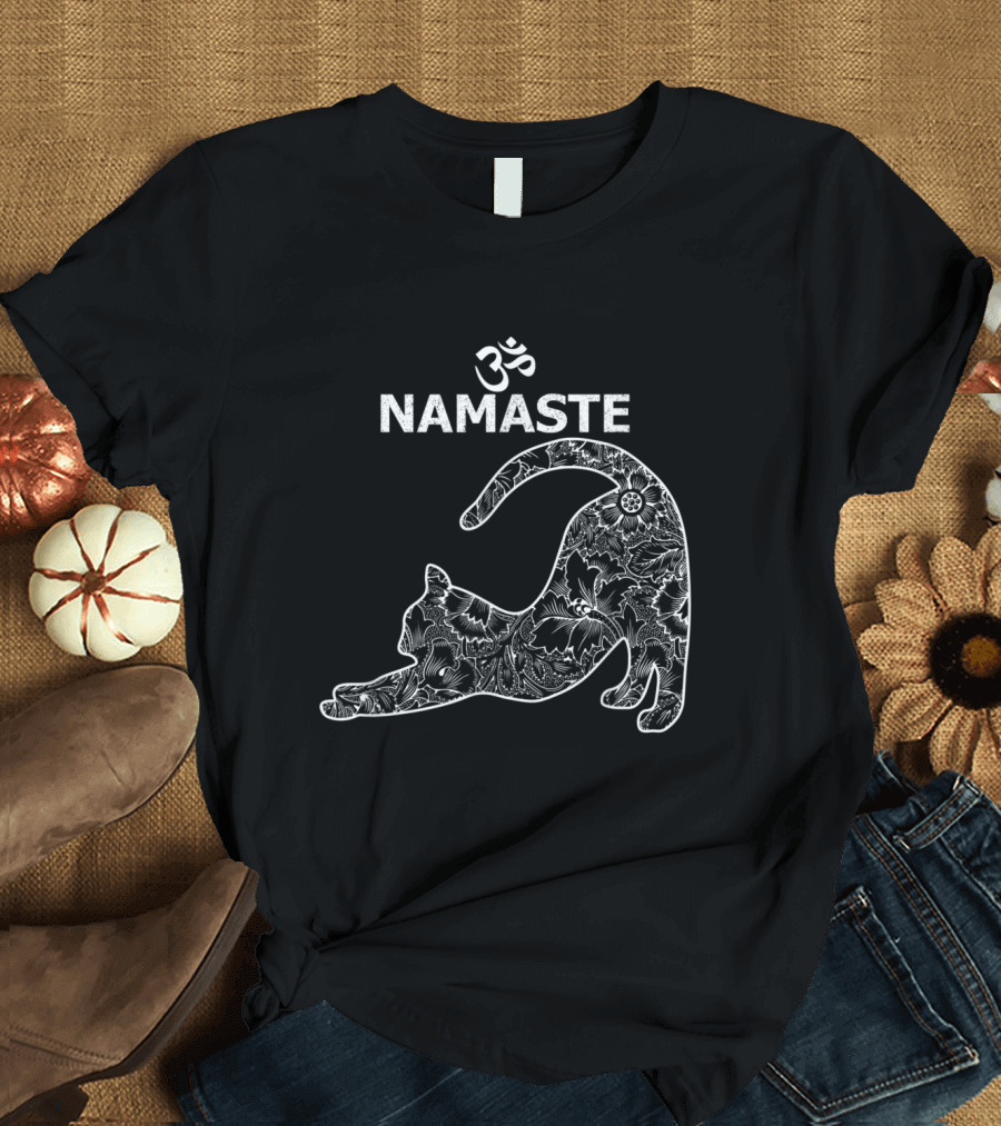 Namaste Cat Yoga OM Stretch with Floral T-Shirt