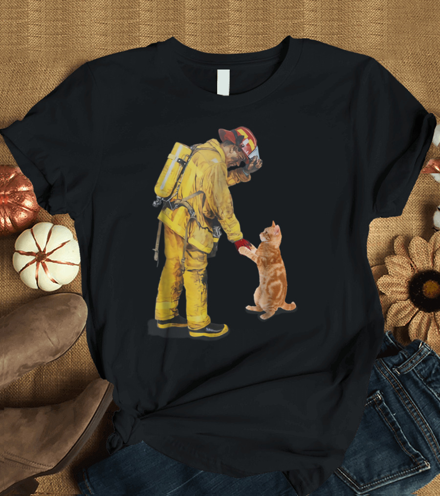 Firefighter in Yellow Gear Shaking Hands with Orange Cat T-Shirt