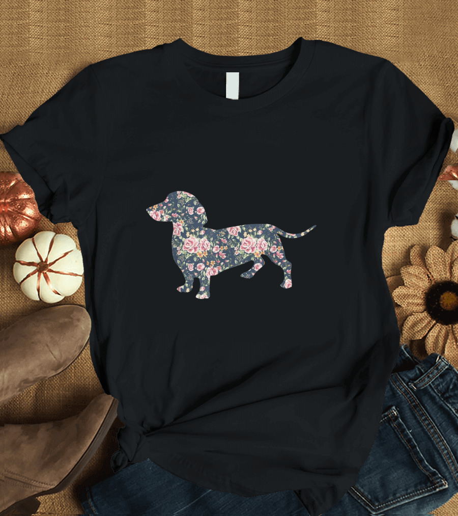 Floral Dachshund with Vintage Flower T-Shirt