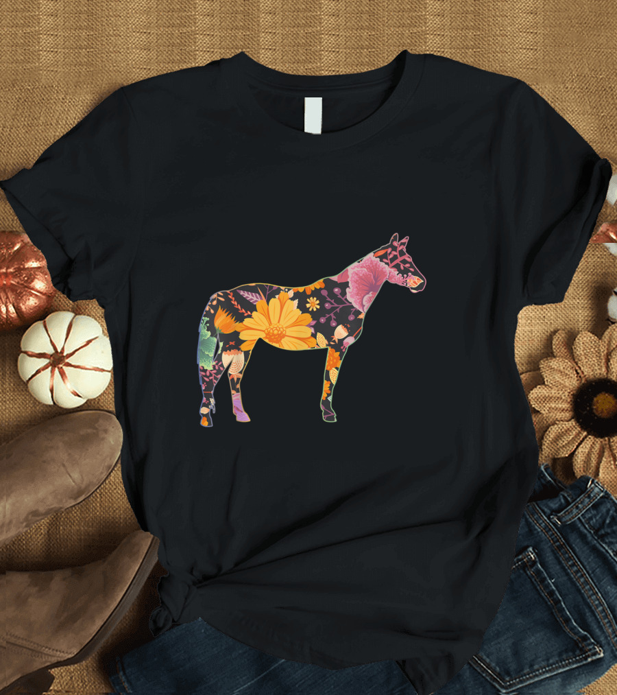 Floral Flower Vintage Horse Silhouette with Colorful Botanical T-Shirt