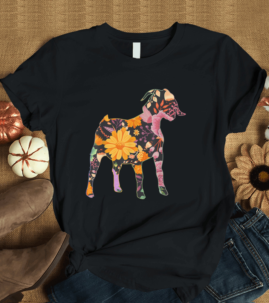 Vintage Floral Flower Goat Silhouette Design BOER GOA T-Shirt