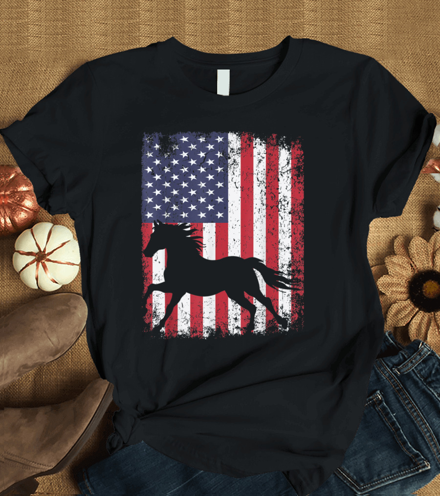 American Flag Horse 4th of July USA Patriot Love T-Shirt