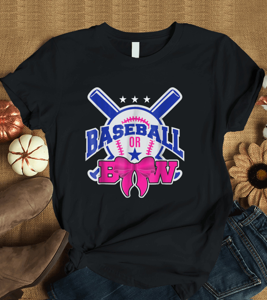 Baseball or Bow Baby Pregnant Gender Reveal Theme with Stars and Crossed Bats T-Shirt