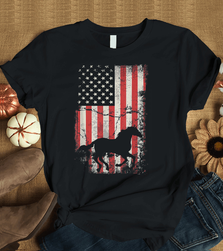 Patriotic Horse Silhouette with American Flag Background T-Shirt