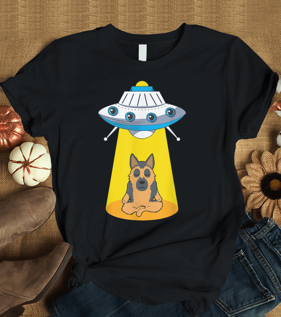 UFO Beaming Up Meditating German Shepherd Alien Humor T-Shirt