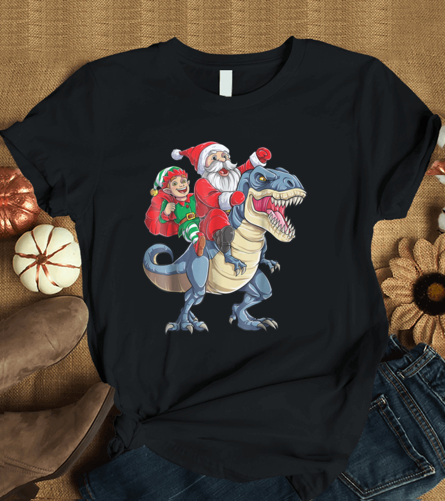 Santa and Elf Riding Dinosaur Christmas T-Shirt