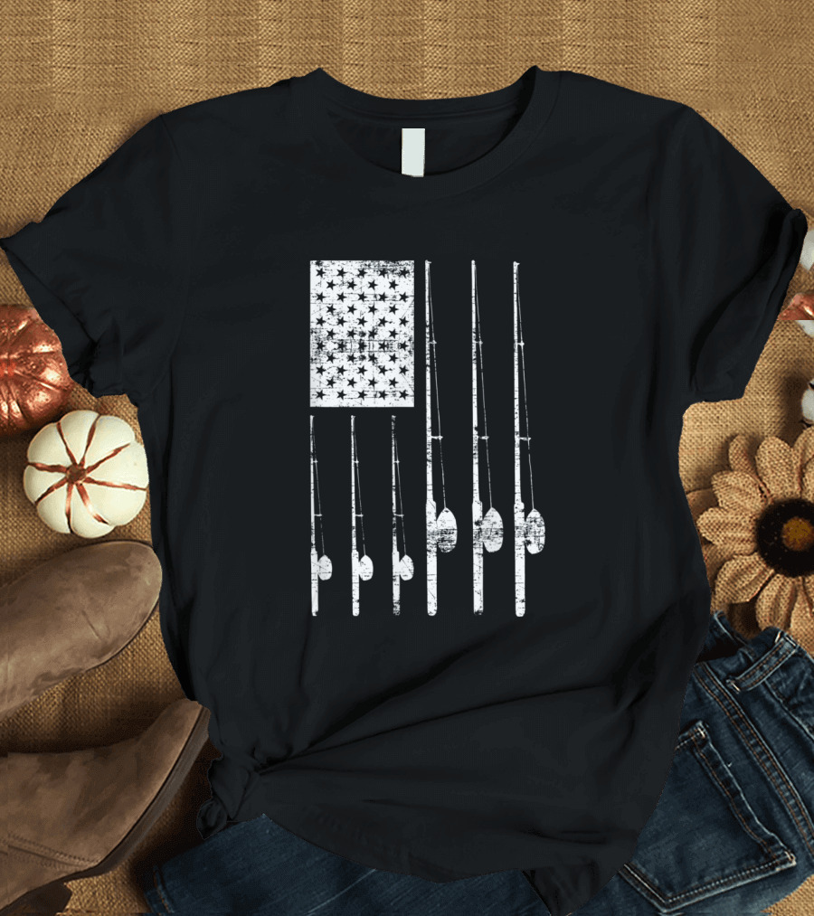 Fly Rod Fishing American Flag Vertical Rods Stars Stripes T-Shirt