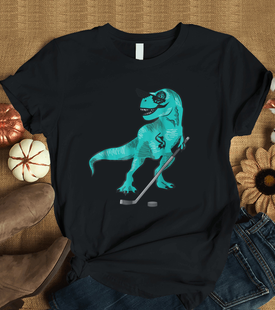 T-Rex Dinosaur with Hockey Stick and Puck Wearing Cool Sunglasses T-Shirt