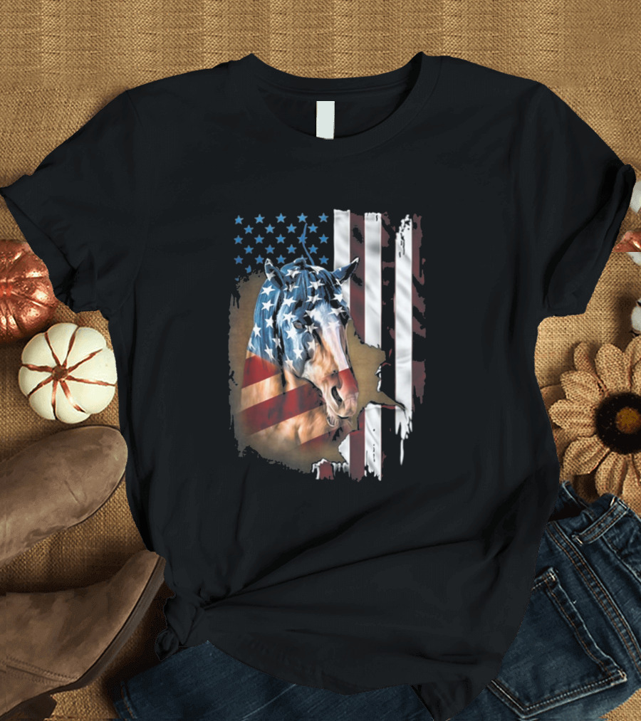 American Flag Horse Portrait Patriotic Family Humor T-Shirt