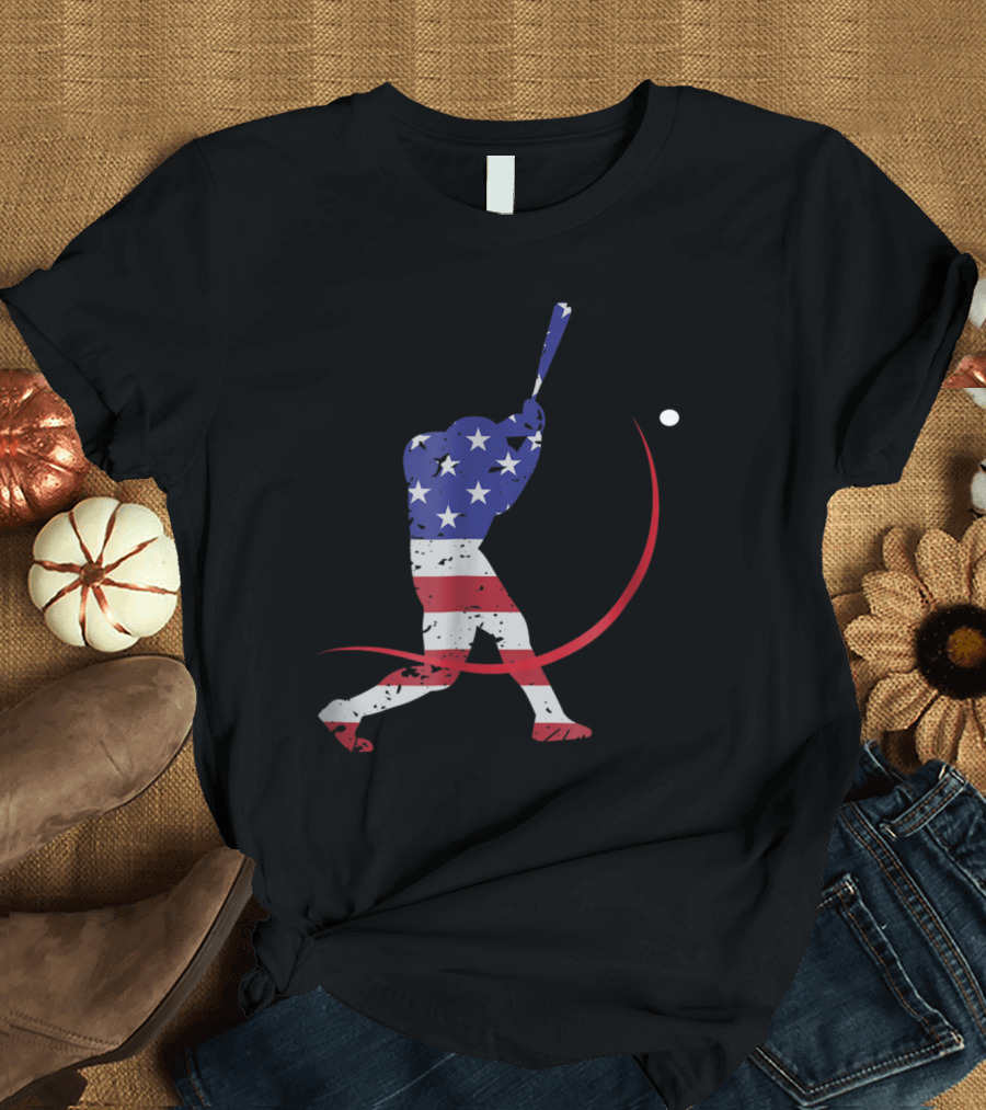 Patriotic Baseball American Flag Batter Swinging Against T-Shirt