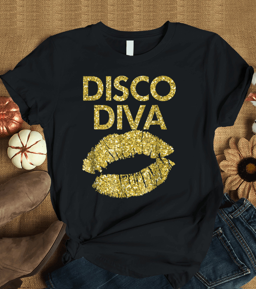 Disco Diva Women Ladies Kiss Glitter Gold Lips T-Shirt