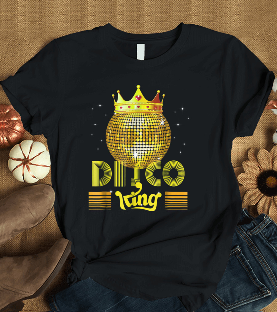 Disco King 1970s Vintage Dance Party Golden Crown and Glittering Disco Ball T-Shirt