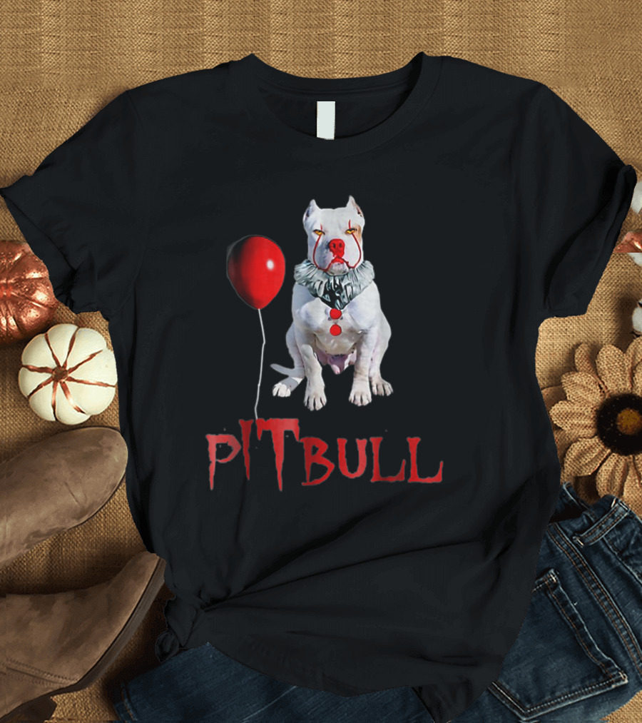 Pitbull Clown Dog with Red Balloon and Funny We All Woof Down Here Reference T-Shirt
