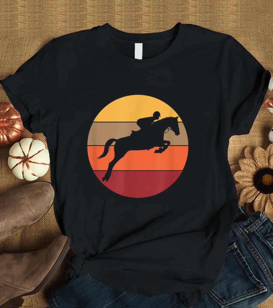 Equestrian Sunset Silhouette Horse Rider Retro Stripe T-Shirt